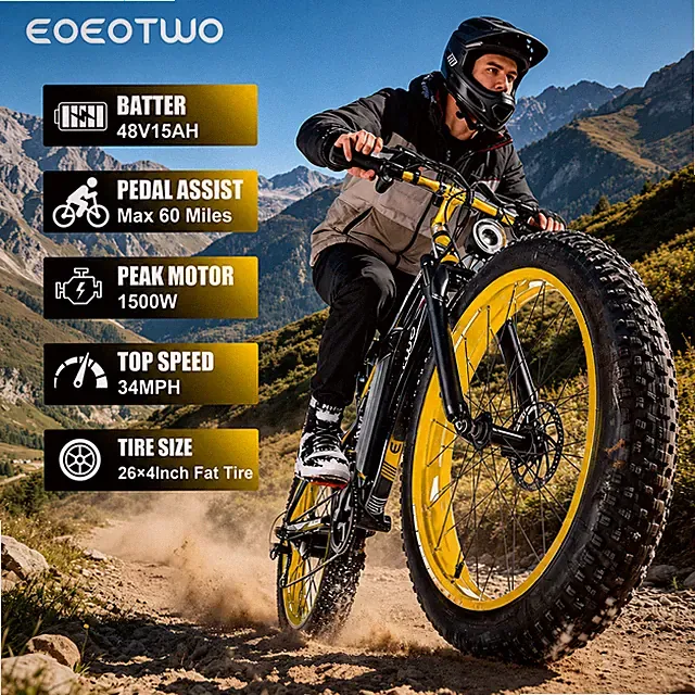 1500W Offroad Electric Bike Adults 34MPH 60 Miles 26" Fat Tire Mountain E-Bike