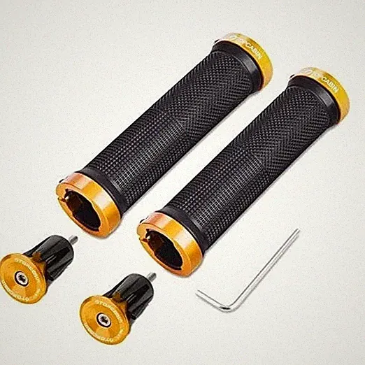 Double Lock Bicycle Handlebar Grips - Aluminum lock plug+Grips (Gold 1 Pair)