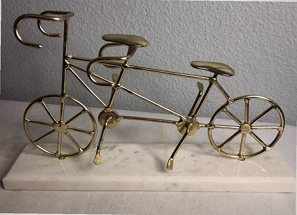 Gold Metal Tandem Bicycle Home Art Deco Sculpture Marble Base Measure 3 X 8 X 13