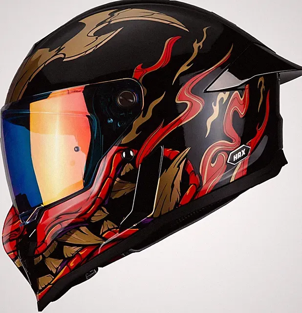 HAX Full Face Motorcycle Helmet Red-Gold Flame for Adult Motorbike Street Bike