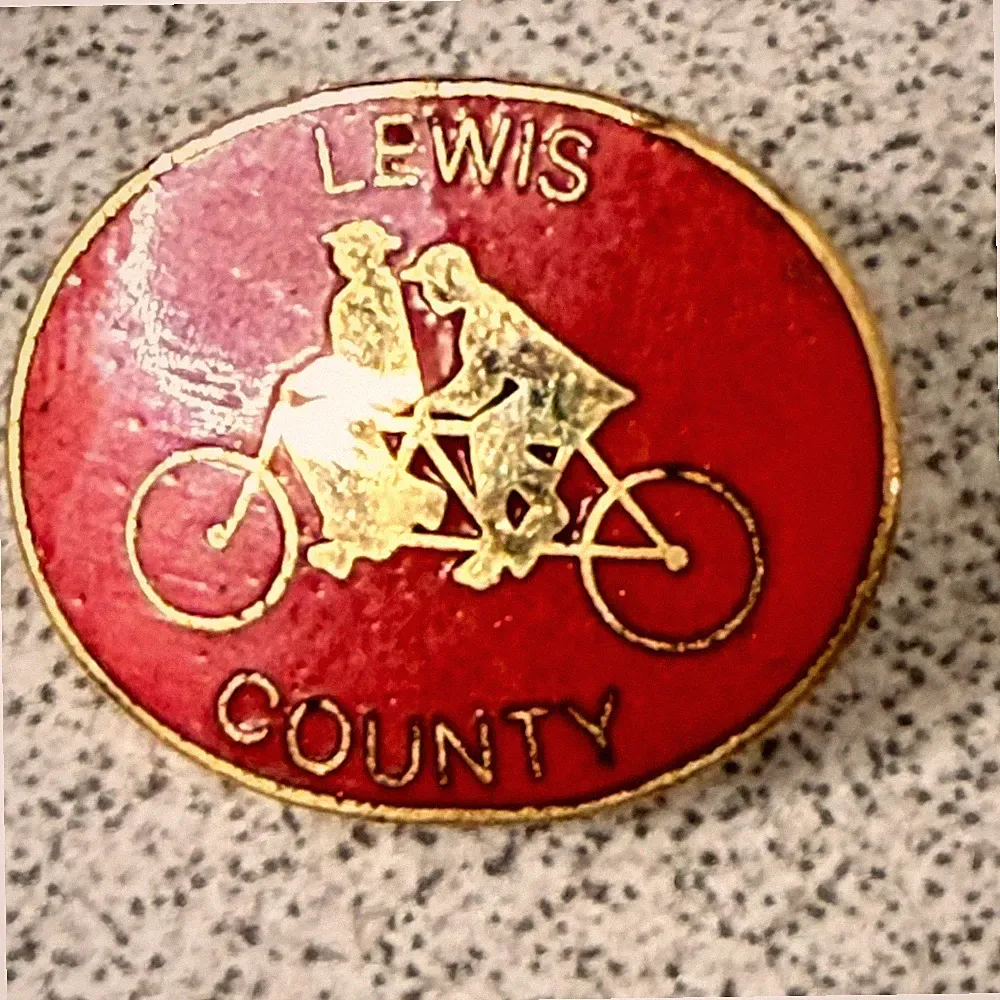 Lewis County Tandem Bicycle Lapel Pin Red Enamel Gold Tone Commemorative