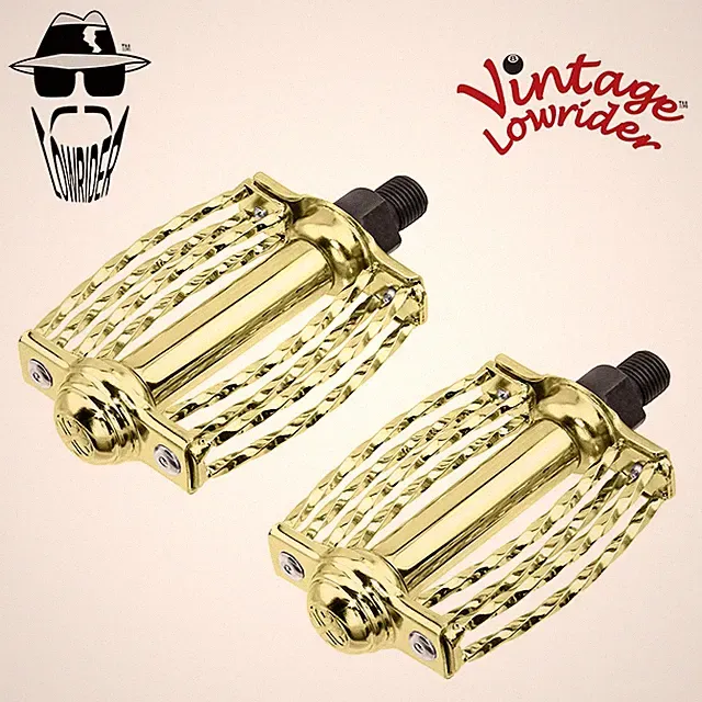 VINTAGE LOWRIDER DOUBLE SQUARE ROUND TWISTED STEEL BICYCLE PEDALS 1/2 IN GOLD