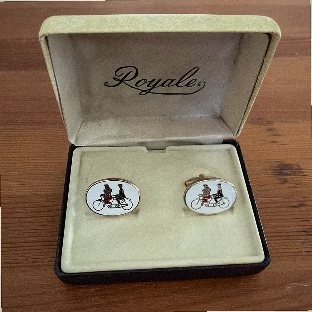 Vintage Tandem Bicycle Bike Enamel Cufflinks 2.7cm. Gold tone With Box